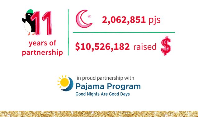 11 years of partnership | 2,062,852 pjs | $10,526,182 raised $ | in proud partnership with Pajama Program | Good Nights Are Good Days