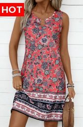 Coral Circular Ring Tribal Print Sleeveless Round Neck Dress
