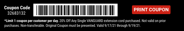 Everyone Saves 20% off any Vanguard Extension Cord - Inside Track Members Save 25% - Barcode