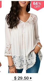 Button Up Lace Patchwork White Blouse