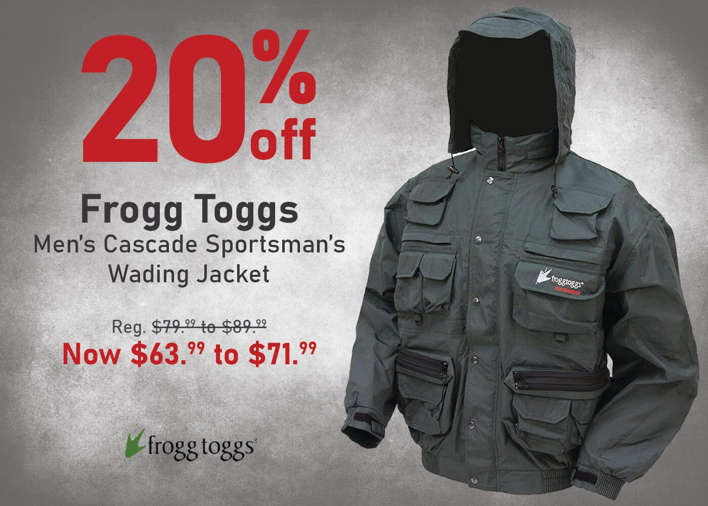 Save 20% on the Frogg Toggs Men's Cascade Sportsman's Wading Jacket