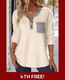 ROTITA Button Beige Split Neck Long Sleeve Sweatshirt