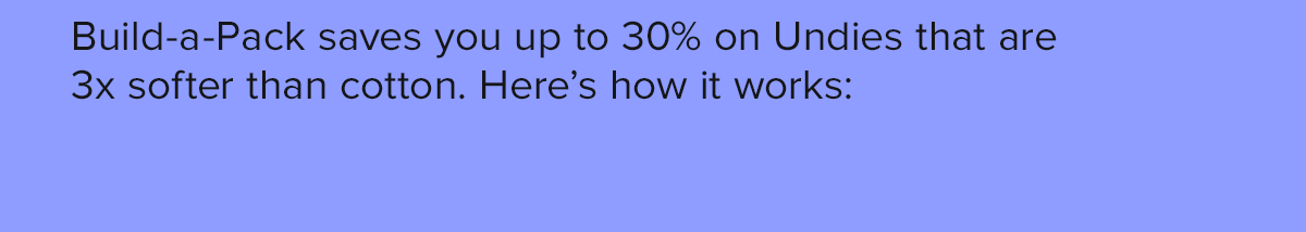 Build-a-Pack saves you up to 30% on Undies that are 3x softer than cotton. Here’s how it works: