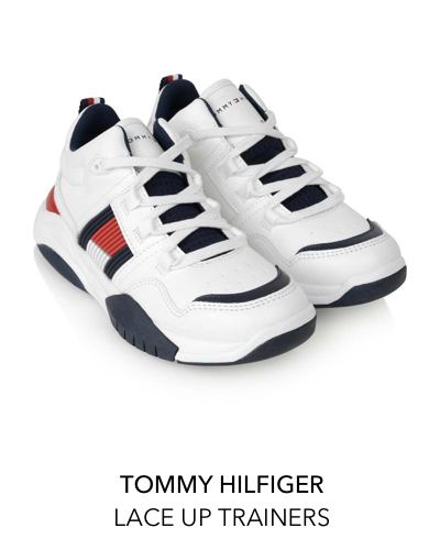 BOYS WHITE &amp; NAVY LACE UP TRAINERS 