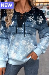 Dusty Blue Lace Up Snowflake Print Long Sleeve Sweatshirt