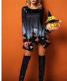 Pumpkin and Bat Print Sequin Embellished Halloween T Shirt