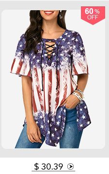 Star and Stripe Print Lace Up Blouse