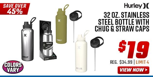 Hurley 32 oz. Stainless Steel Bottle with Chug & Straw Caps