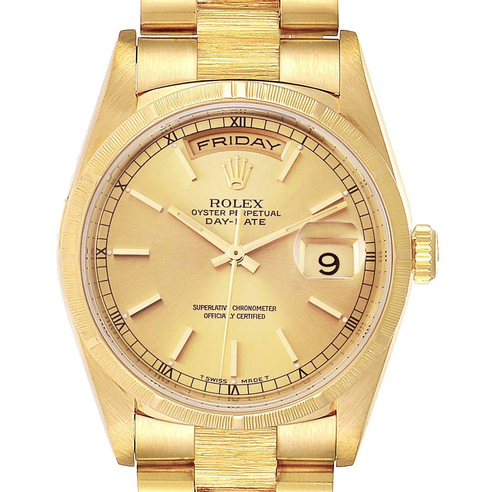 Image of Rolex Day-Date President 36mm Yellow Gold Bark Finish Mens Watch 18248