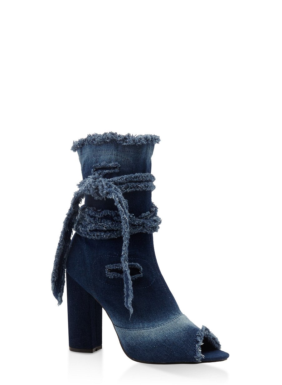 Frayed Peep Toe Denim Ankle Booties