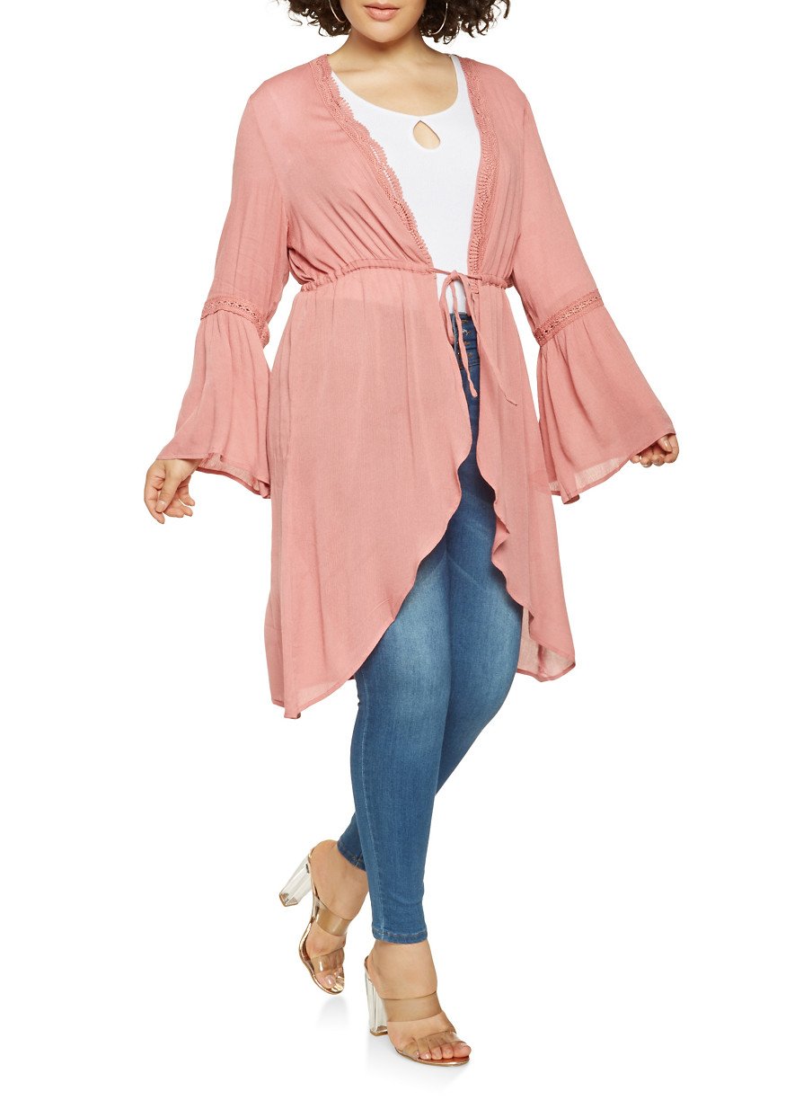 Plus Size Crochet Trim Tie Waist Duster