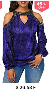 Cold Shoulder Embellished Neck Blue Shining Blouse