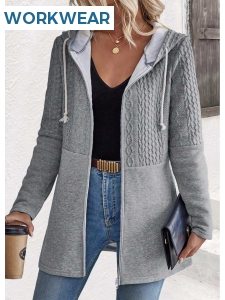 ROTITA Patchwork Zipper Closure Grey Long Sleeve Hoodie