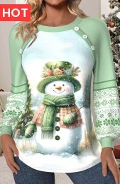 Christmas Light Green Patchwork Long Sleeve Round Neck Sweatshirt