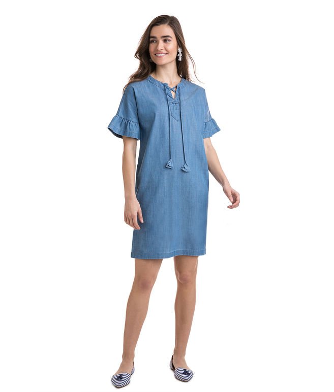 Chambray Flutter Sleeve Lace Up Dress