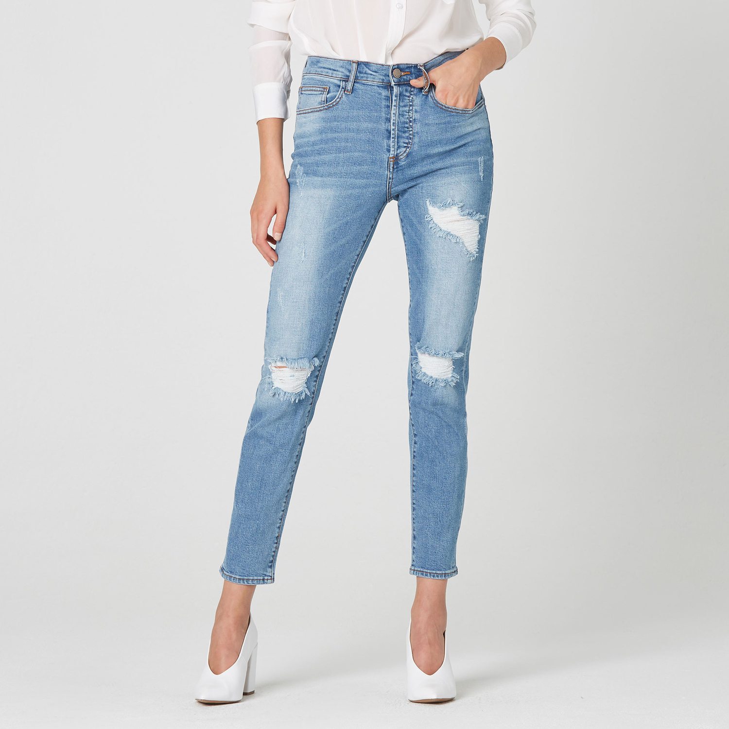 High Waisted Destructed Mom Jeans in Light Vintage