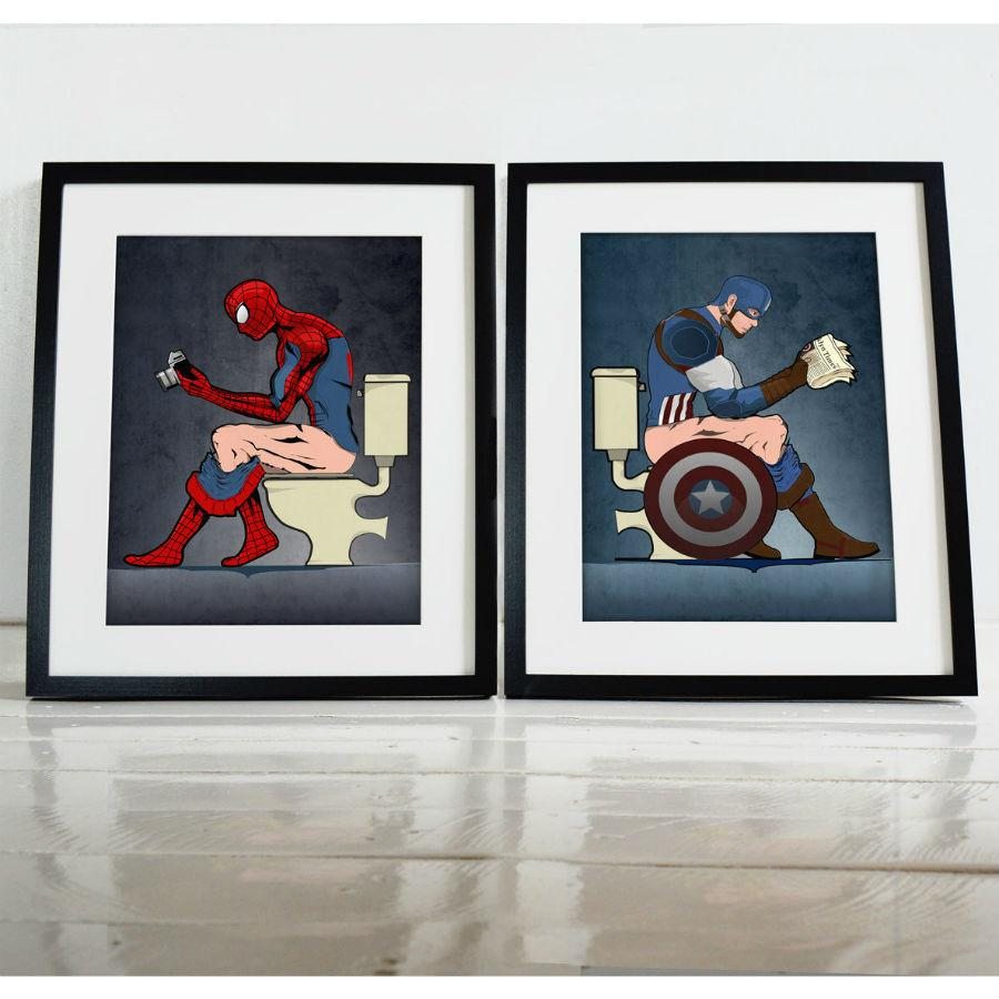 Image of Spiderman Captain America On The Toilet Poster Set (Set of 2)