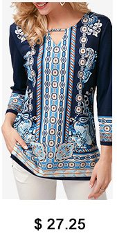 Cutout Front Three Quarter Sleeve Printed Blouse