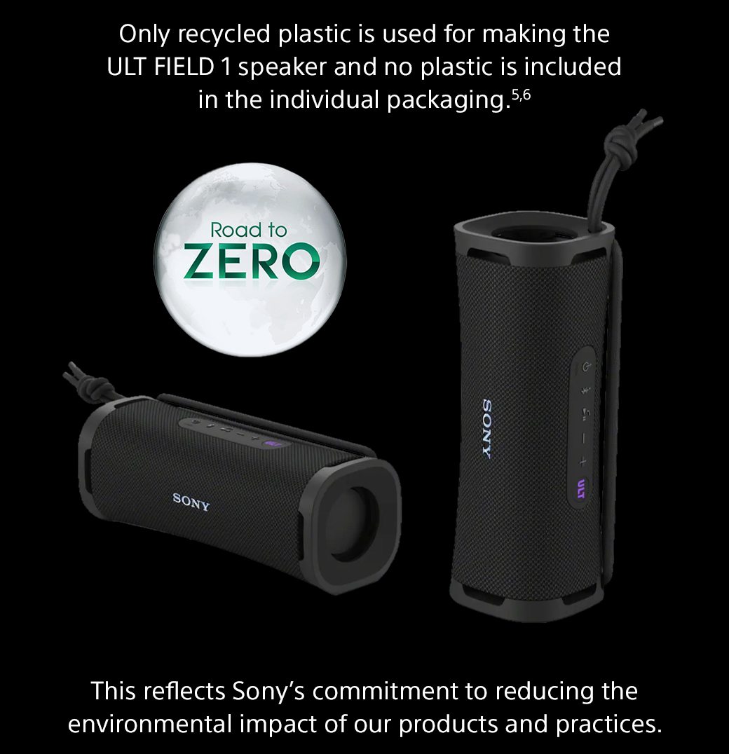 Only recycled plastic is used for making the ULT FIELD 1 speaker and no plastic is included in the individual packaging.5,6