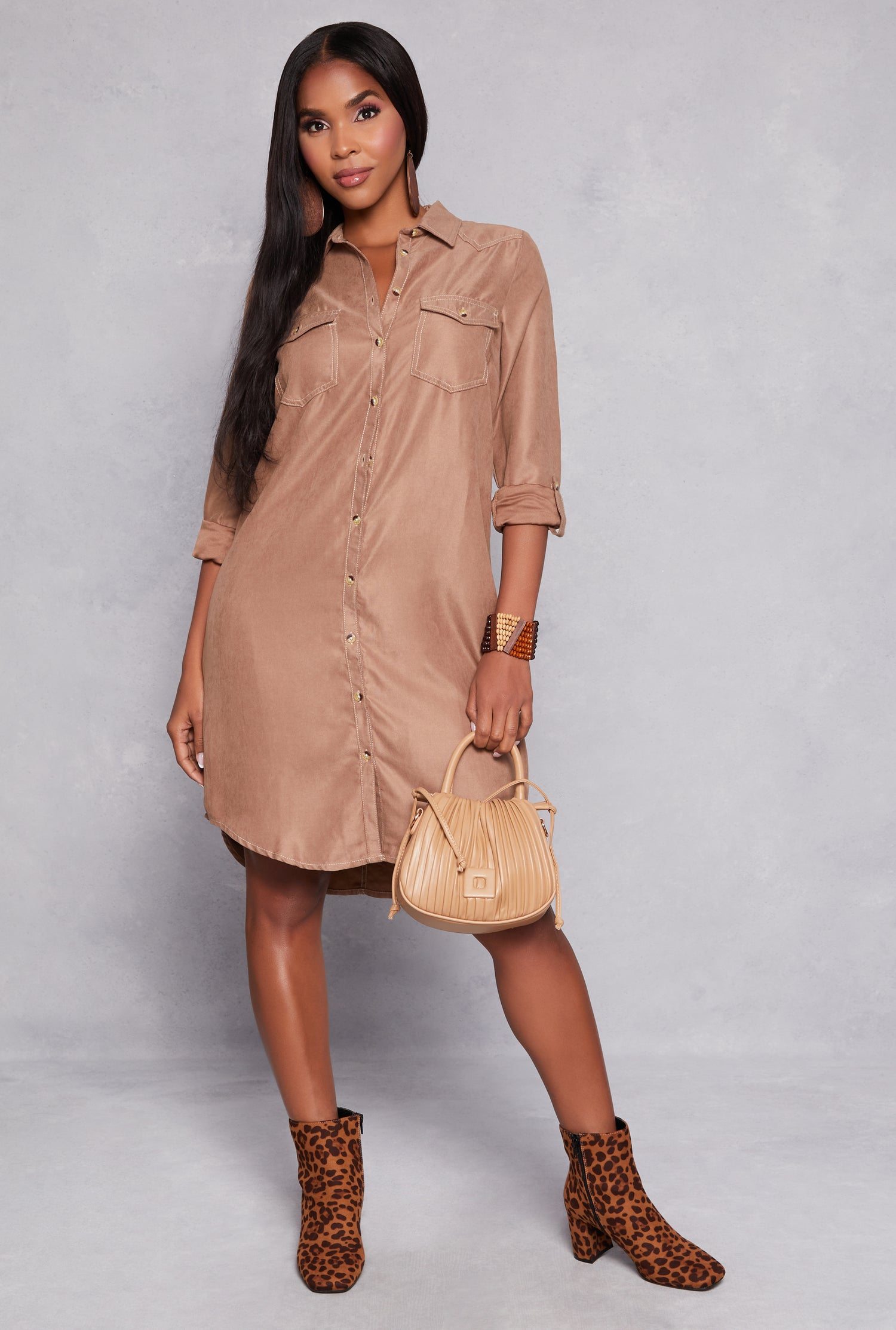 Tabbed Sleeve Button Down Shirt Dress