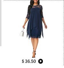 Three Quarter Sleeve Chiffon Overlay Navy Lace Dress