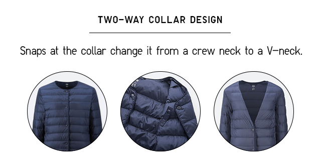 TWO-WAY COLLAR DESIGN SNAPS AT THE COLLAR CHANGE IT FROM A CREW NECK TO A V-NECK.