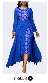 Patterned Lace Panel Chiffon Overlay Royal Blue Dress