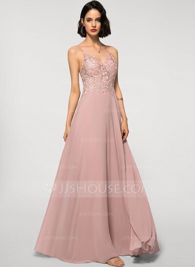 A-Line V-neck Floor-Length Chiffon Lace Evening Dress (01721...