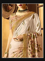 Embroidered Satin Georgette Saree in Shaded Peach