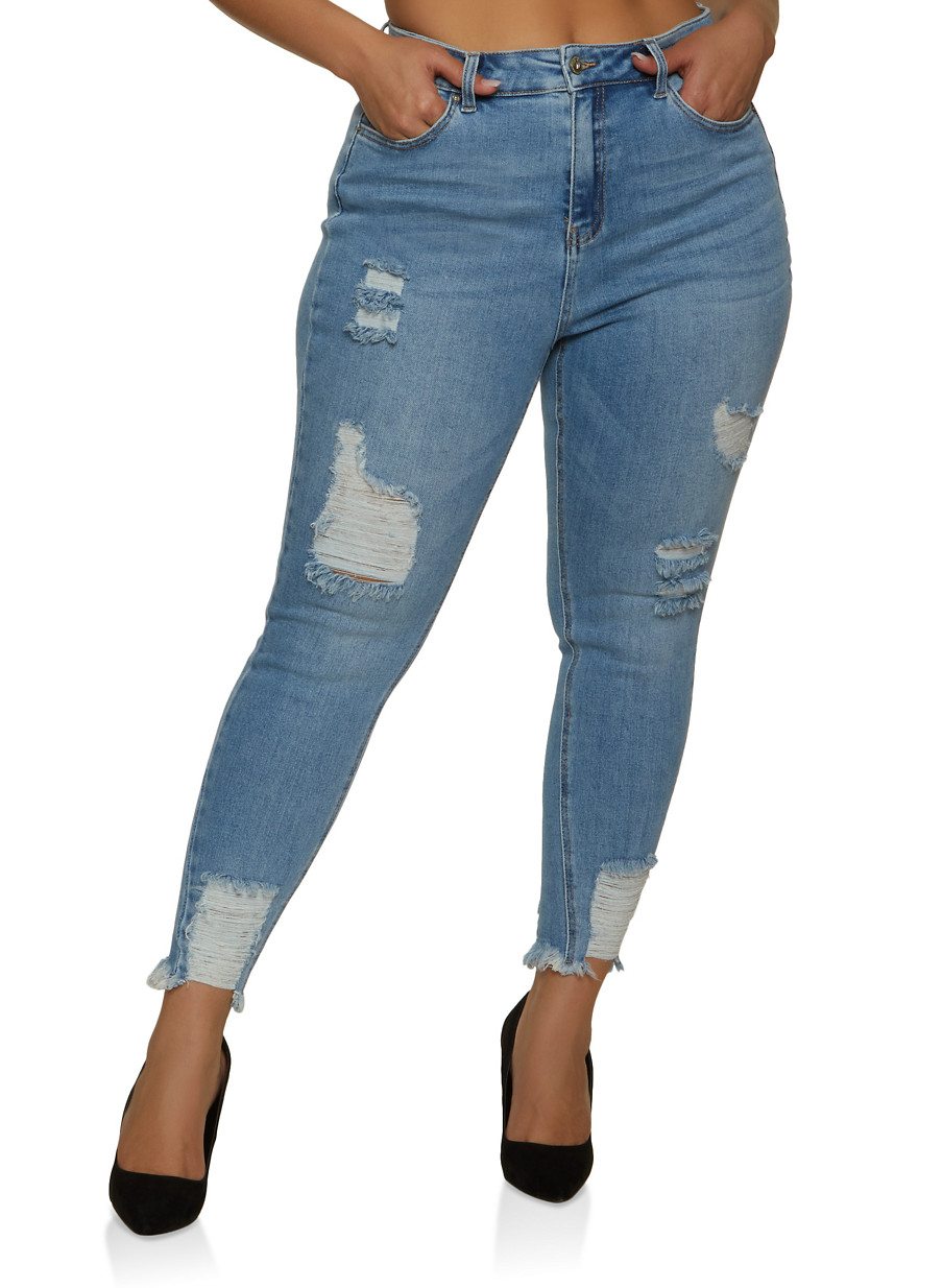 Plus Size WAX Frayed Hem Whisker Wash Jeans