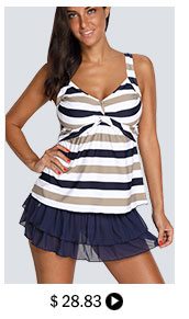 Twist Front Striped Navy Blue Tankini Top and Pantskirt