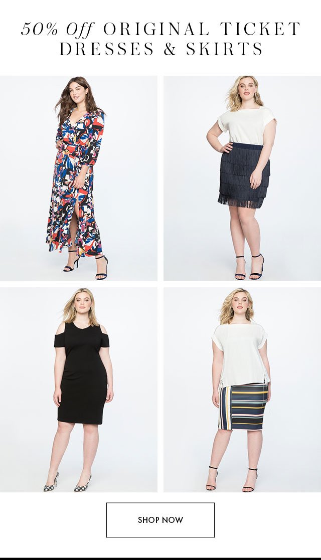 50% off dresses + skirts