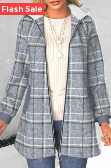 ROTITA Zipper Plaid Dusty Blue Hooded Long Sleeve Coat