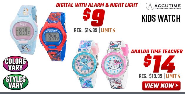 ''Accutime Kids Watch Digital w/ Alarm & Night Light $9 Analog Time Teacher $14 Reg. $14.99 or $19.99''