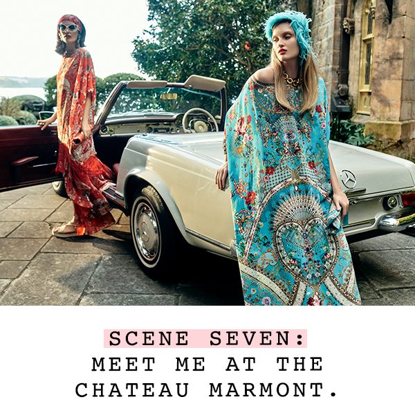 Scene Seven: Meet Me At The Chateau Marmont | Models in blue and red dresses with floral detailing.