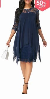 Three Quarter Sleeve Chiffon Overlay Navy Lace Dress