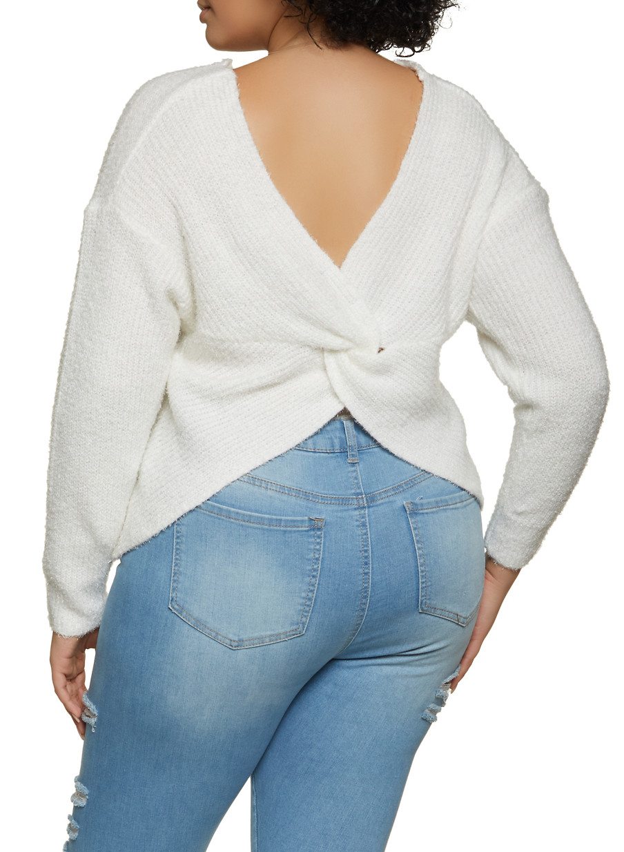 Plus Size Eyelash Knit Twist Back Sweater