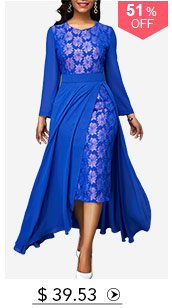 Patterned Lace Panel Chiffon Overlay Royal Blue Dress