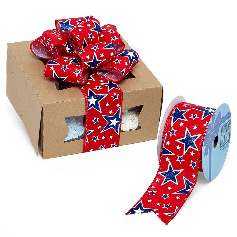 Glitter Blue Stars On Red Wired Ribbon