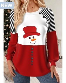 ROTITA Christmas Patchwork Snowman Print Multi Color Round Neck Sweatshirt