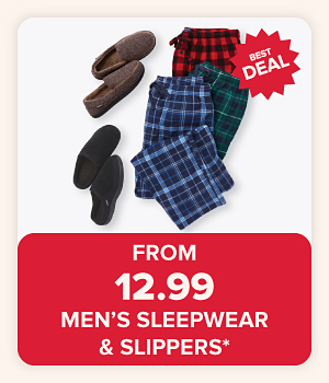 From 12.99 men’s sleepwear & slippers. Two pairs of slippers and various pajama pants.