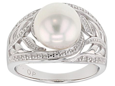 9-10mm White Cultured Freshwater Pearl, Rhodium Over Sterling Silver Ring