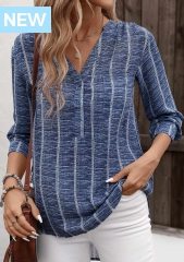 Denim Blue Lightweight Striped Long Sleeve Split Neck Shirt