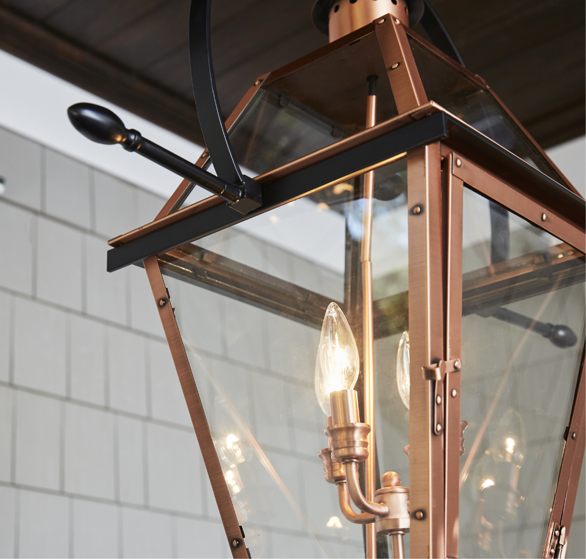 Closeup of a lantern finished in copper