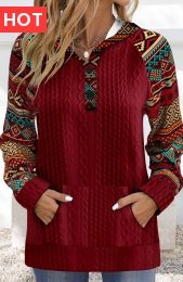 Wine Red Patchwork Tribal Print Long Sleeve Hoodie