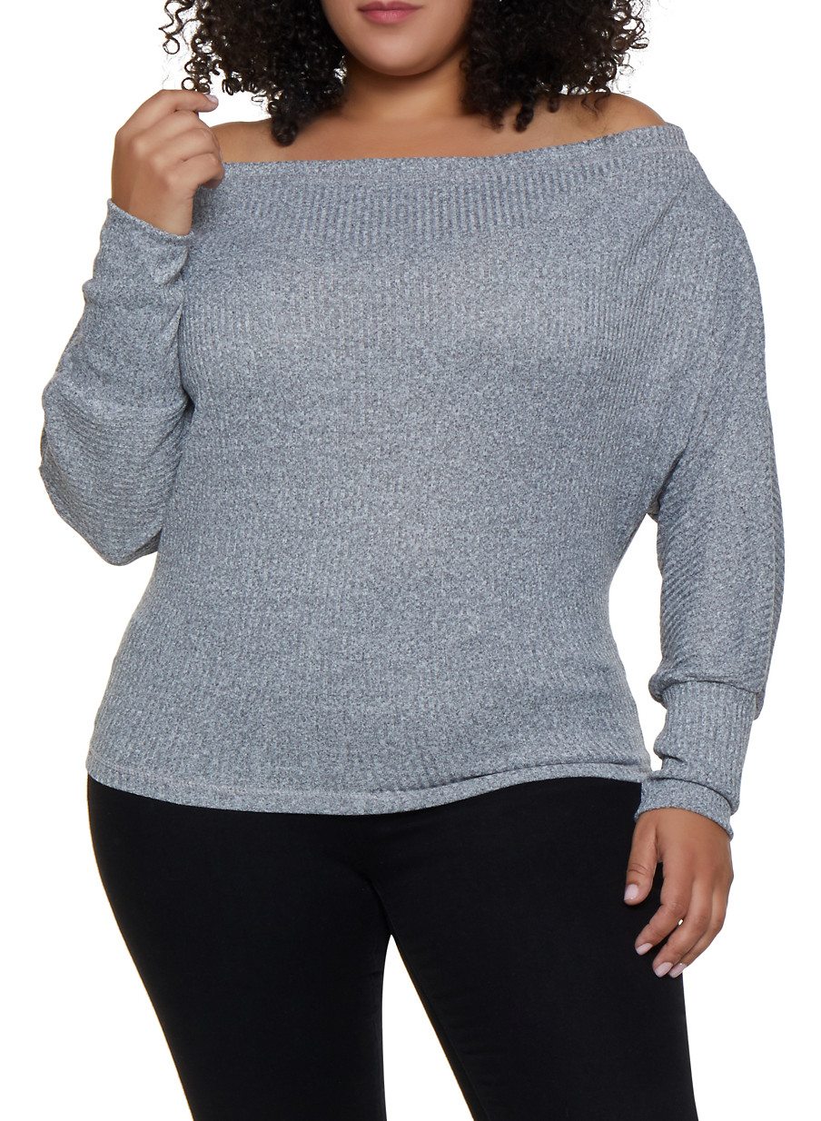 Plus Size Ribbed Dolman Sleeve Off the Shoulder Top