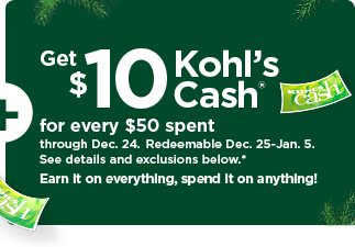 everyone gets $10 kohls cash for every $50 spent. shop now.