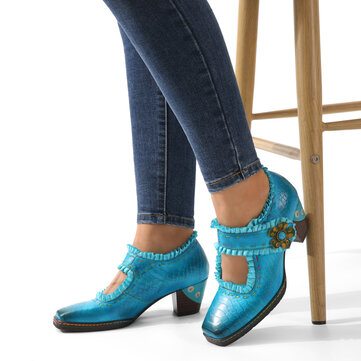 Socofy Genuine Leather Retro Comfy Square Toe Hook & Loop Mary Jane Heels
