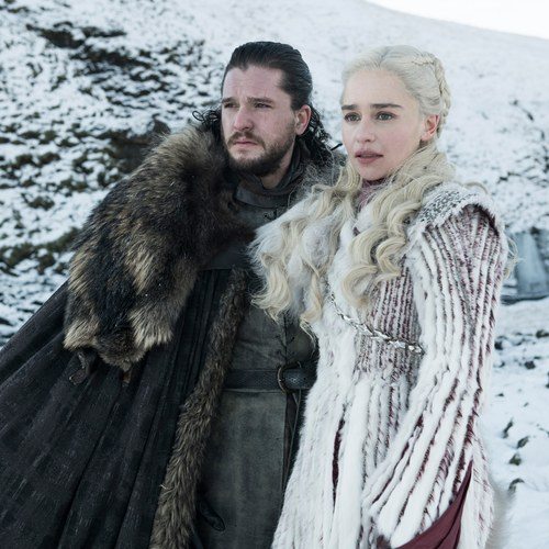 Kit Harington as Jon Snow and Emilia Clarke as Daenerys Targaryen in Game of Thrones Season 8