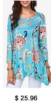 Asymmetric Hem Round Neck Printed Blouse